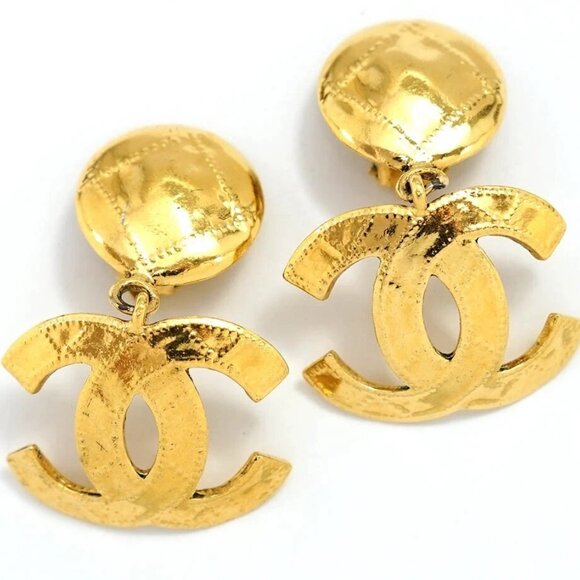 CHANEL Large CC Logos Vintage Dangle Earrings Gold Tone 94P Auth #35248 - Picture 1 of 5